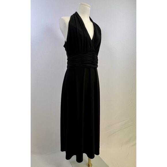 VTG Evan Picone Black Sleeveless V Neck Halter Empire Midi Dress 10 Cocktail - Picture 2 of 10